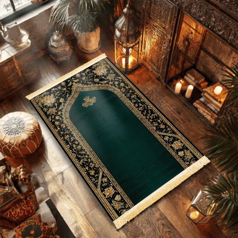 Emerald Gold Palace Pattern Prayer Rug Plush Velvet Worship Mat Tassel Edge Islamic Prayer Carpet for Home Bedroom