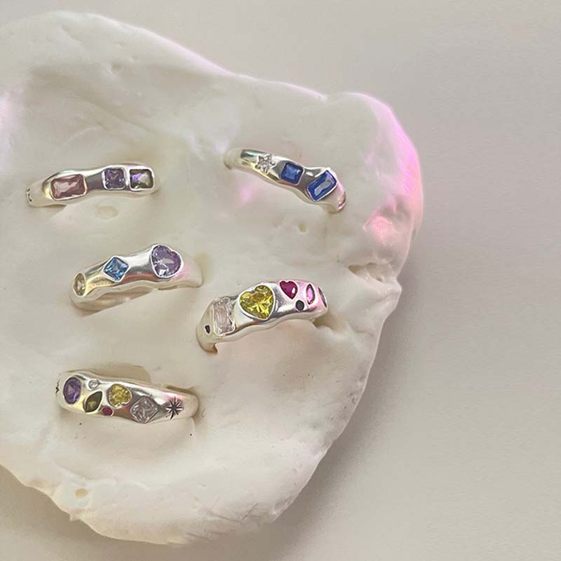 Fashion Colorful Zircon Adjustable Ring for Women Sweet Design Geometric Heart Crystal Finger Y2K Accessories Fine Jewelry Gifts