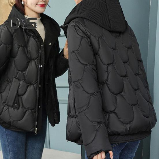 Women Winter Coat Fake Two-piece Zipper Button Closure Padded Hooded Turn-down Collar Pure Color Thin Short Type Down Cotton Filling Jacket