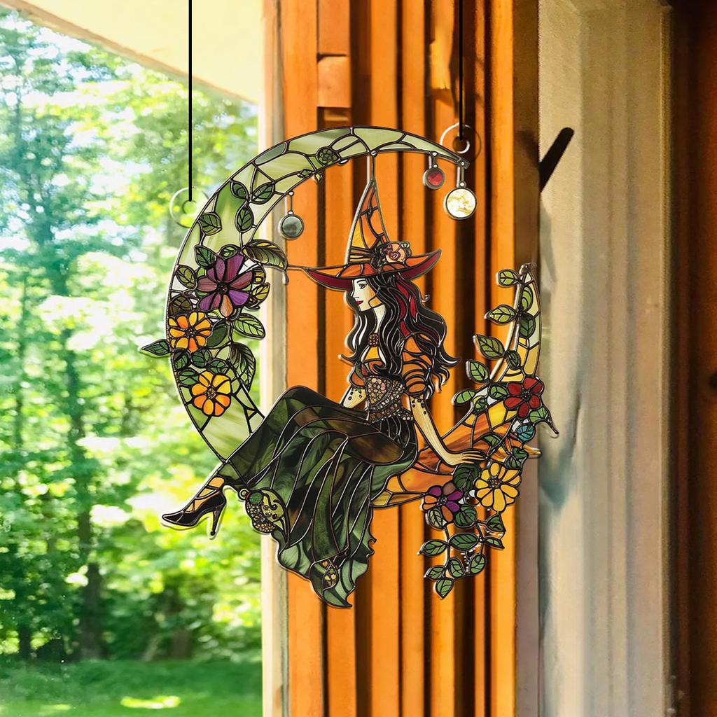 Acrylic Halloween Witch On Moon Suncatcher, Colorful Floral, Art Leaf, Crescent Moon Hanging Window Ornaments for Home & Garden