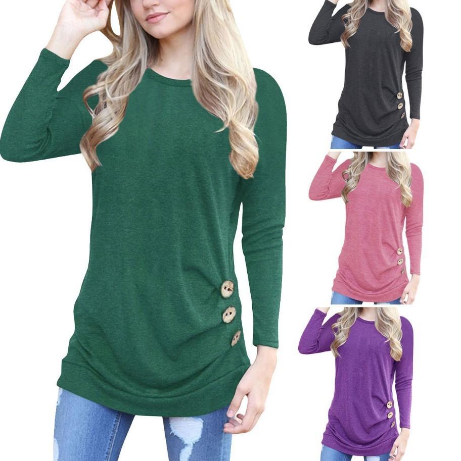 Stylish Long-sleeve Button Detail T-shirt For Women In Various Colors And Sizes