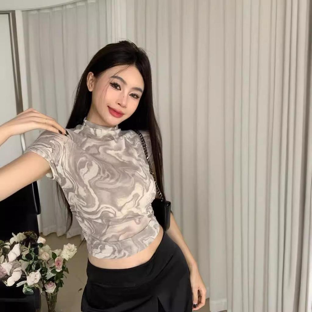 Summer Women's Semi High Neck Short Sleeved T-Shirt With Blurred Dye Short Top