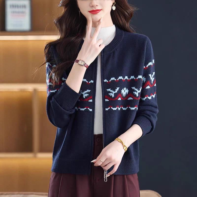 Women's Jacquard Color Block Zipper Cardigan - Soft Fluffy Knitwear, Casual Loose Fit, Round Neck Korean Style Sweater