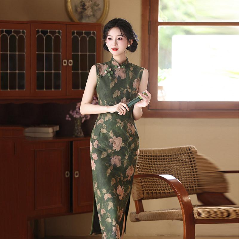 Green sleeveless national style new Chinese daily Suzhou long cheongsam improved young 1011 new women's high sense
