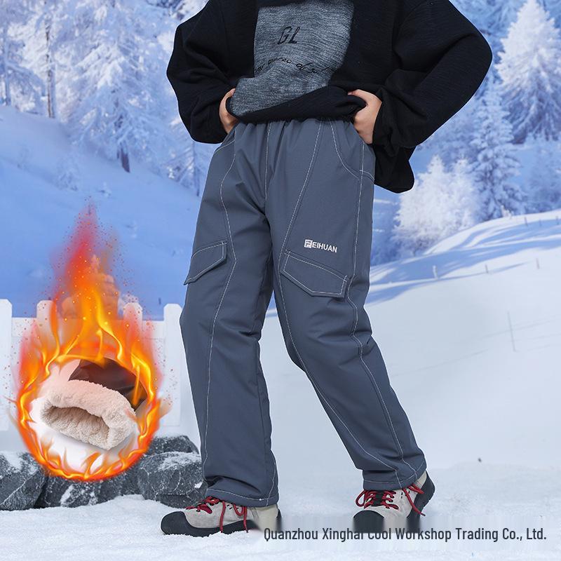 Pantaloni de iarnă pentru băieți, din bumbac cu căptușeală din fleece: Pantaloni Sport Largi Rezistenți la Vânt, Călduroși, Hidrofobi