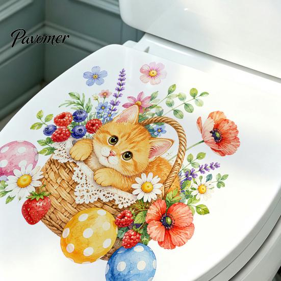 Decorative Stickers for Ceramic Tiles Cute Kitten Flower Basket Toilet Seat Sticker, Waterproof Lid Tank Wall Decals, Self-Adhesive PVC Bathroom