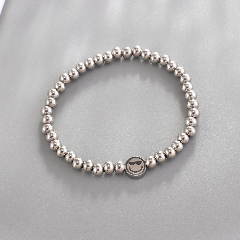 

ALTERA New Fashion Stainless Steel Round Beads Elastic Bracelet Smile Face Charm Couple Bracelet for Men/Women BFF Zircon Gift