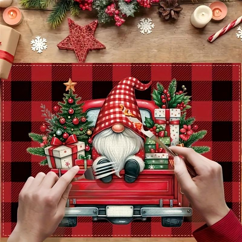 4/6pcs Christmas Plaid Gnome Truck Red Black Plaid Santa Claus Placemats Everyday Holiday Decor for Home Kitchen Restaurant