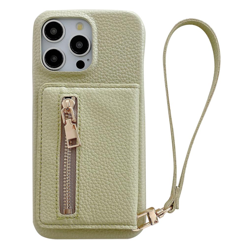 For iPhone 14 Pro Max Case Card Slots Kickstand PU Leather Back Cover with Zipper Pocket, Wrist Strap