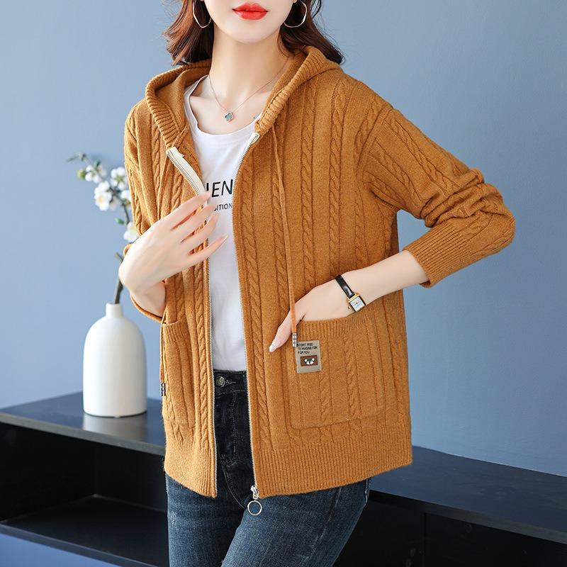 Twisted sweater jacket women's loose large size spring and autumn mother's hooded sweater with zipper on the outside knitted cardigan