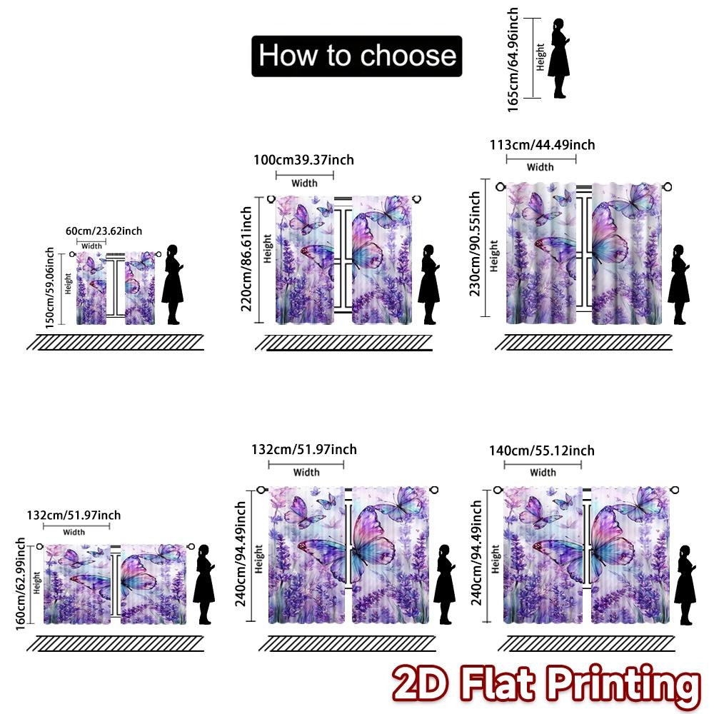 2D flat printing 2pcs Curtain Scene Curtains Butterflies and Lavender Flowers Digital Printed Polyester Drapes Family Party