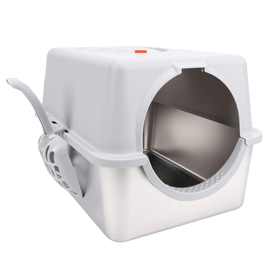 Cat Litter Box Enclosed Large Stainless Steel Base Easy Clean Mess Proof Odor Control Resist Design Dual Entry Options with Scoop