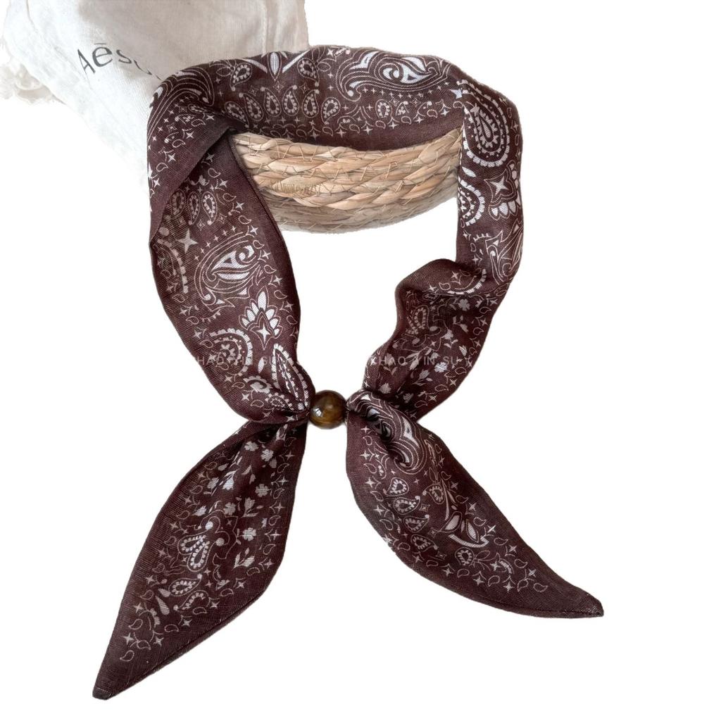 Cashew Nut Flower Silk Scarf Necklace for Women - Vintage Long-style Silk Headscarf with A Bow - Necktie - High-end Style