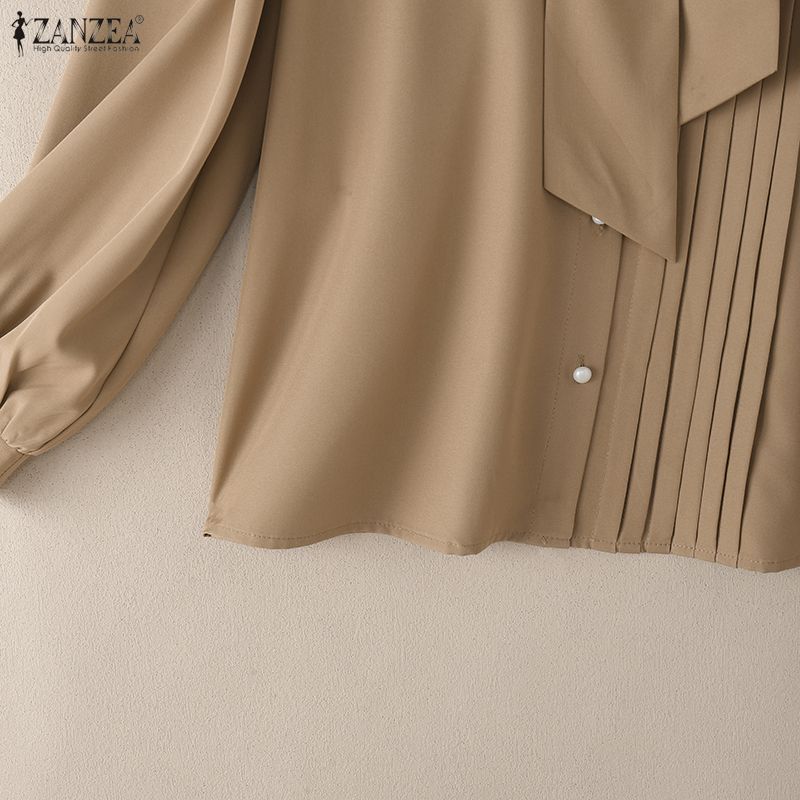 ZANZEA Women Casual Bows Round Neck Loose Long Sleeve Elegant Blouse