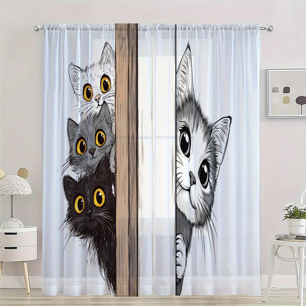 2 Pieces Hd Digital Black And White Kitten Printed Window Screen Home Decor Style Decoration Living Room Window Curtain