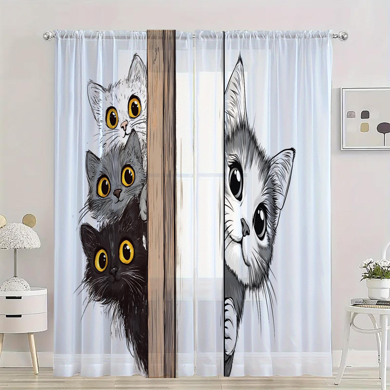 

2 Pieces Hd Digital Black And White Kitten Printed Window Screen Home Decor Style Decoration Living Room Window Curtain 132x160cm