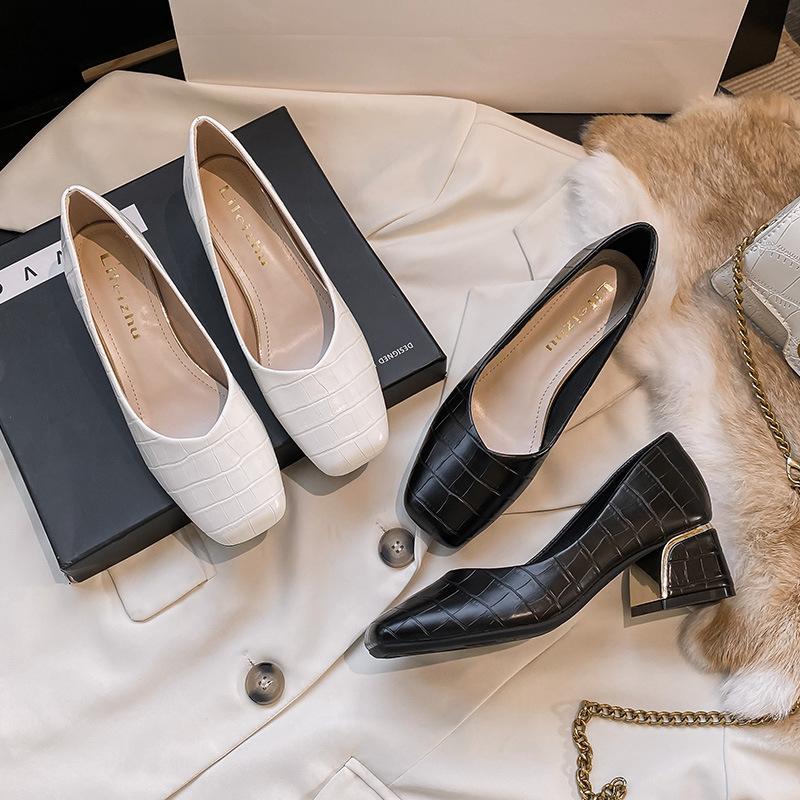 New Designers Classics Square Toe Chunky Heel Women Pumps High Heels Work Shoes Elegant Black White Office Ladies Shoe Size35-43
