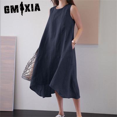 Women's Fashion Summer Spring Solid Color Print Sleeveless O-Neck Casual Dresses