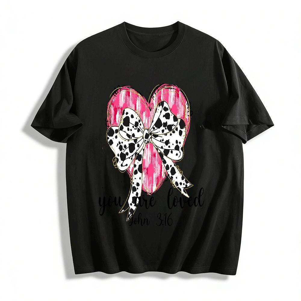 John 3:16 You Are Loved Bow Heart Print Casual Top Pure cotton T-shirt XXS