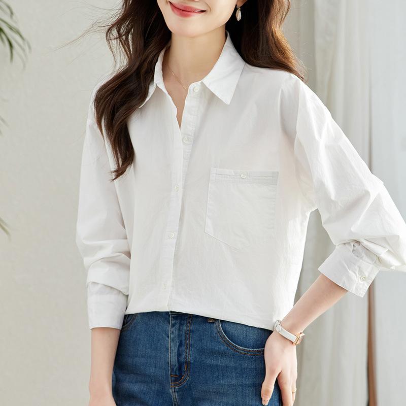 

Lapel Pure Cotton Long-sleeved White Shirt for Women In Spring and Autumn Commuting Korean Style Loose Slim Solid Color Shirt for Women M