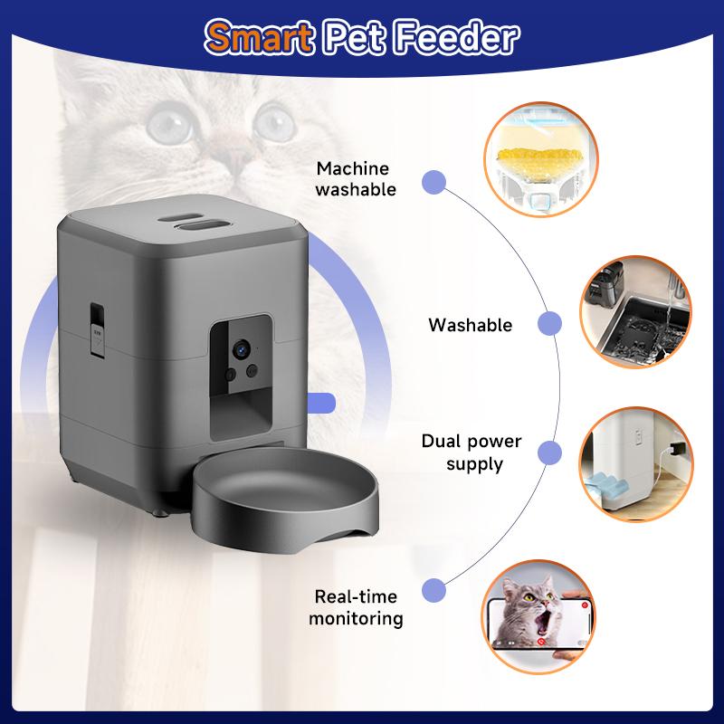 Square Intelligent Pet Feeder with Lcd Display Screen Wifi Remote Control Timed and Quantitative for Feeding Cats/Dogs