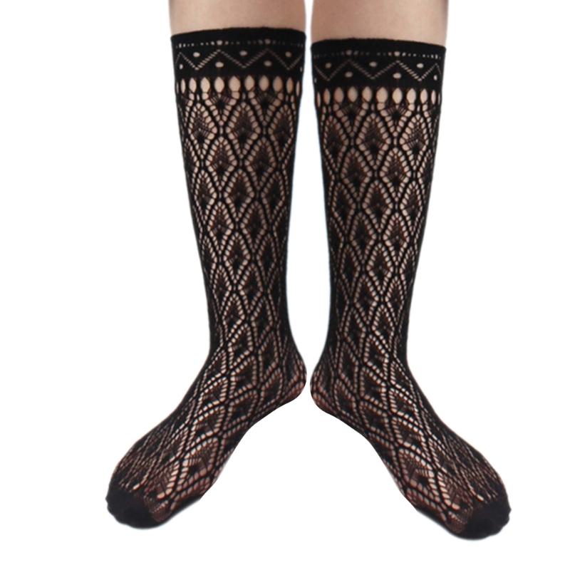 1 Pair Japanese Styles Fishnet Mesh Hollowout Patterned Stockings Breathable Thin Middle Calf Socks for Women and Girls