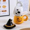 Ghost Pattern Ceramic Cup with Elf Hat Lid Halloween Theme Handmade Artwork Mug Daily Use Halloween Drinkware