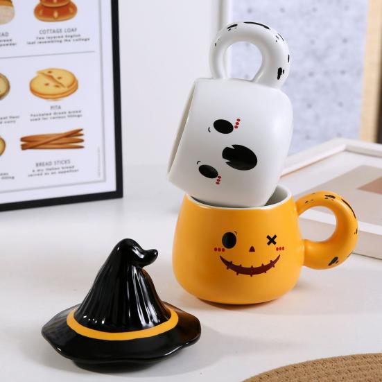 Ghost Pattern Ceramic Cup with Elf Hat Lid Halloween Theme Handmade Artwork Mug Daily Use Halloween Drinkware