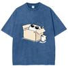 Fashion Cartoon Style Box cat short sleeve men's and women's water wash vintage hip hop casual retro T-shirt