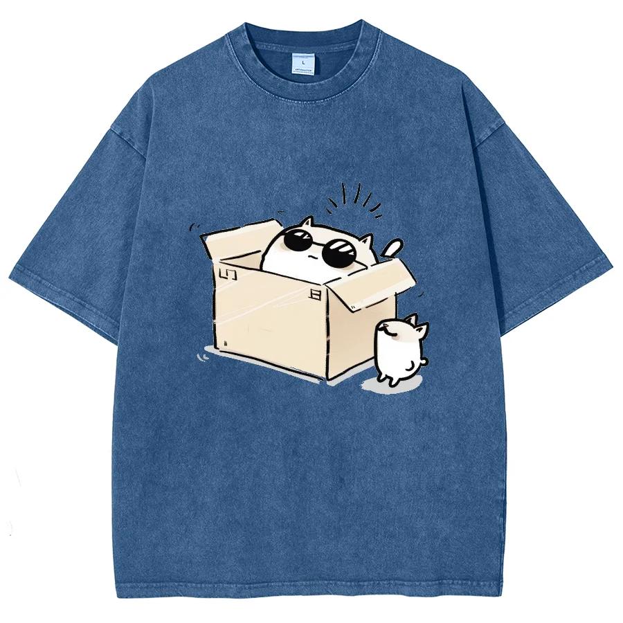 Fashion Cartoon Style Box cat short sleeve men's and women's water wash vintage hip hop casual retro T-shirt
