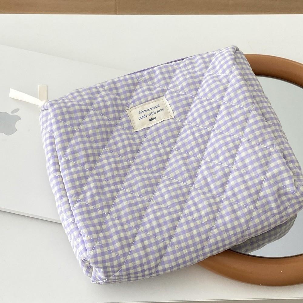 New Cotton Makeup Bag Cute Checkered Pattern Travel Toiletry Bag Multi-size Large Capacity Storage Wrist Bag Travel Use