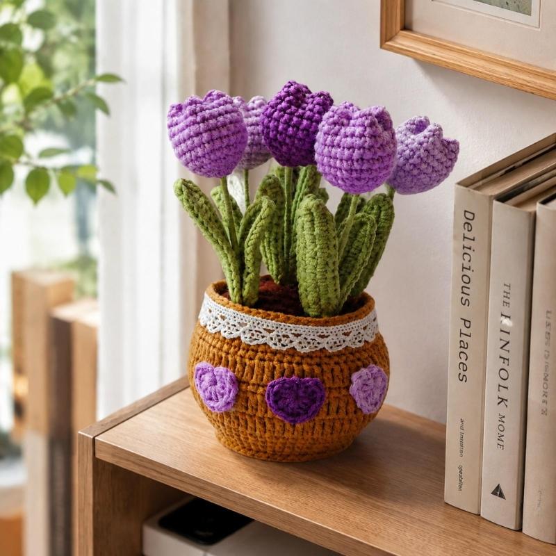 Potted Crochet Tulips Decors with Handcrafted Yarn Texture, Handmade Knitted Potted Flower for Tabletop Display, Gift for Women