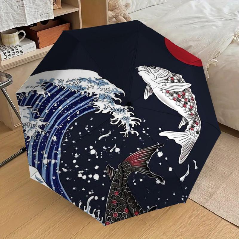 1pc Koi Fish Swimming Against the Current Umbrella with Plastic Handle,Suitable for All Seasons Home Travel Outdoor UmbrellaDD549