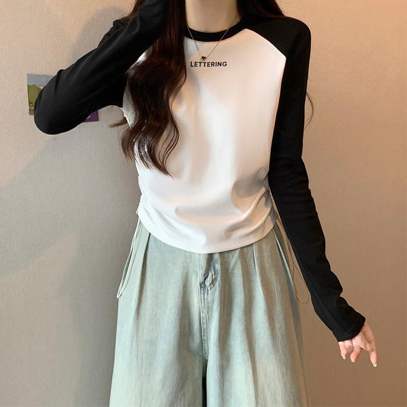 Spice Girl Fat Mm Side Pleated Skinny Contrast Color Crew Neck Shoulder Long Sleeve T-Shirt Women's Autumn Bottom Shirt