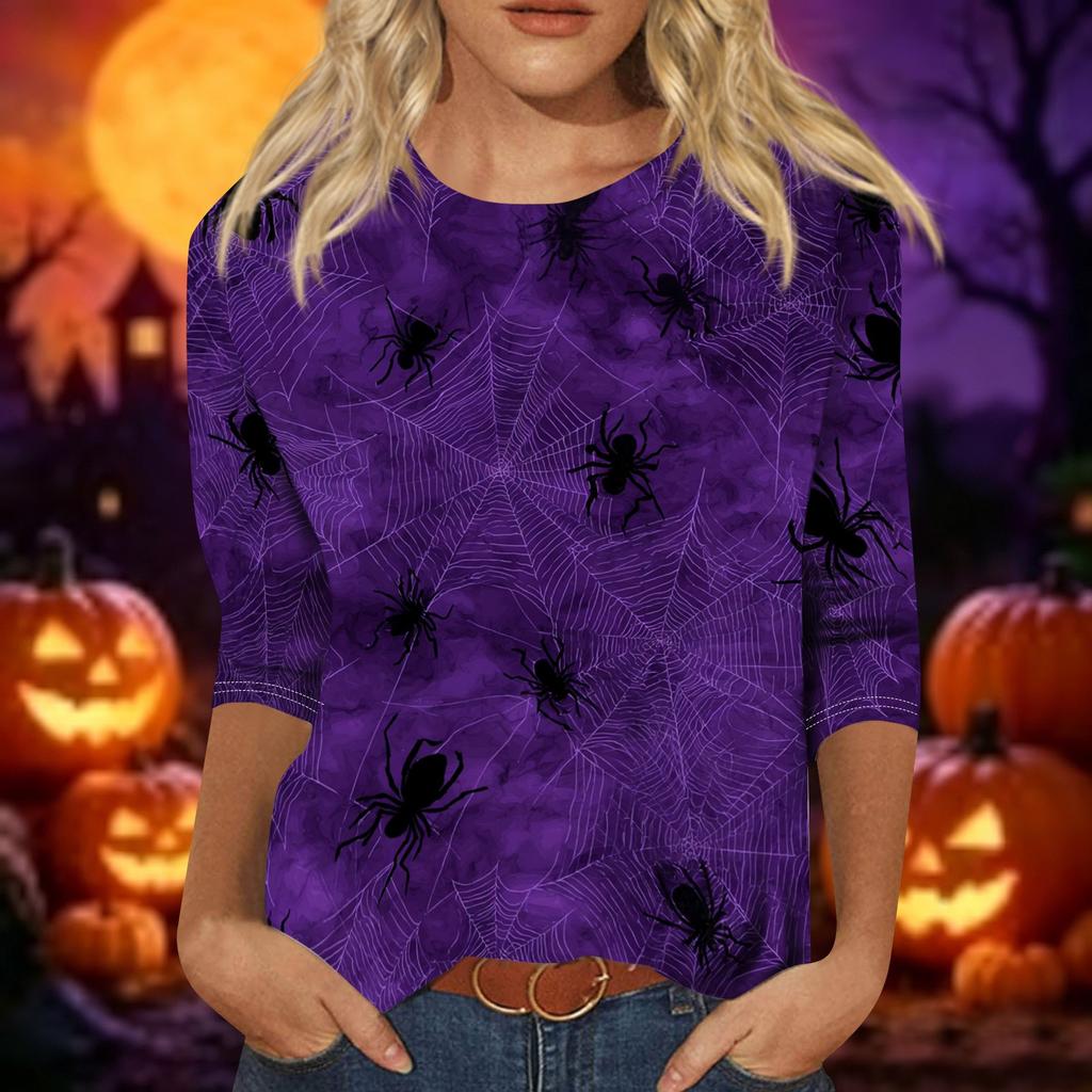 Women Casual Three Quarter Sleeve Halloween Pumpkin Print Crew Neck Top Lightweight Comfortable Fall Shirt for Everyday Wear