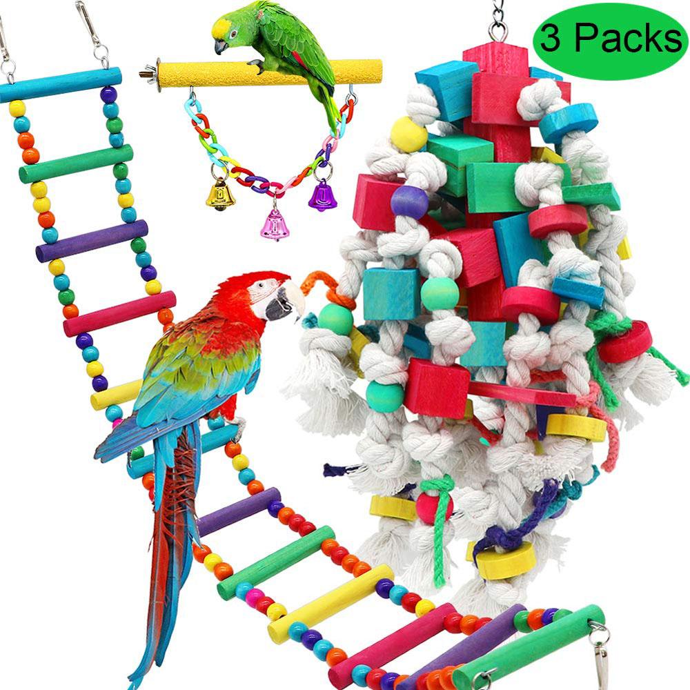 Birds Swing Toys, Parrots Chewing Hanging Perches with Bells Toys for Love Birds Budgie Macaws Cockatiels Parakeets African Grey