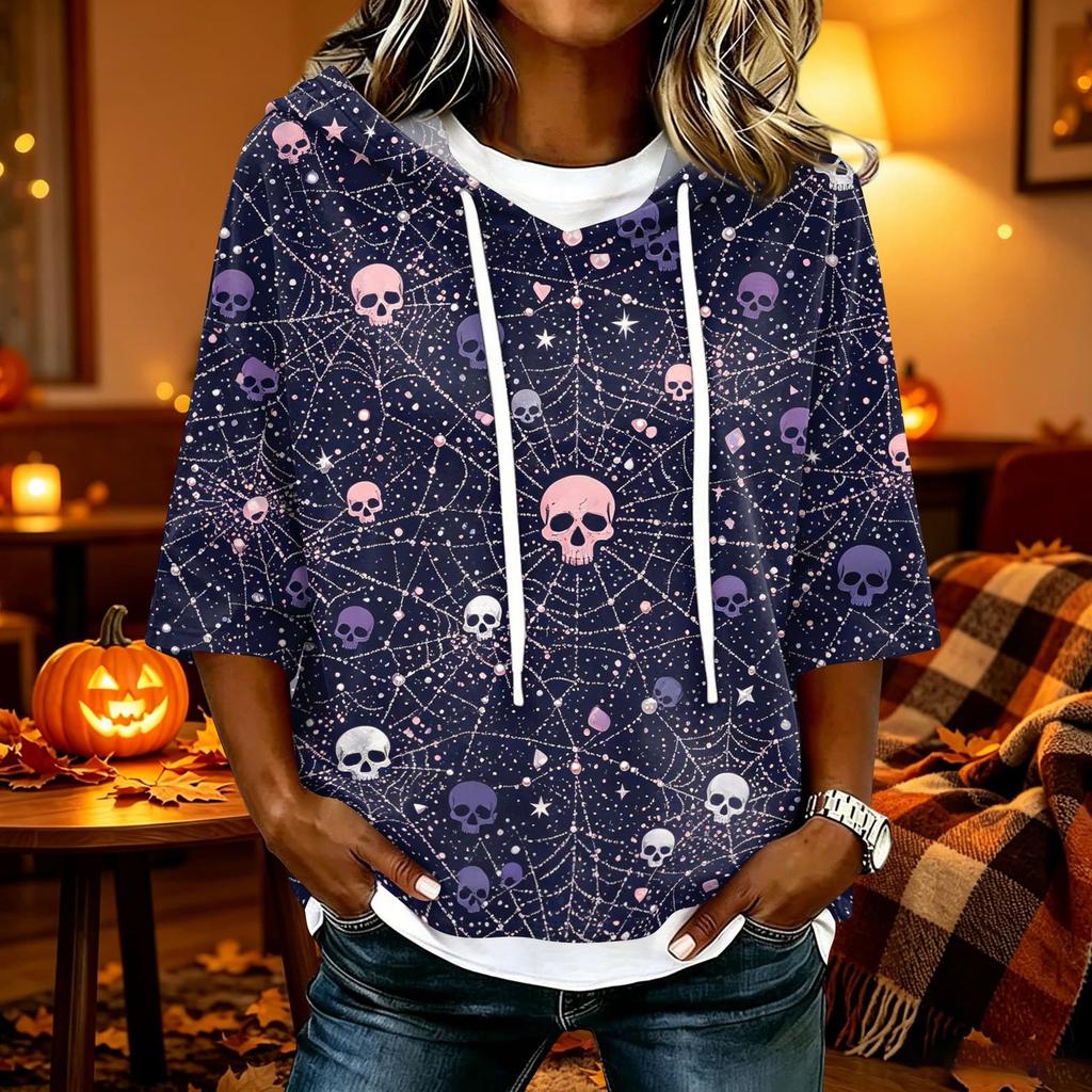 Women's Halloween Printed Hooded 3/4 Sleeve Casual Loose Fit Pullover