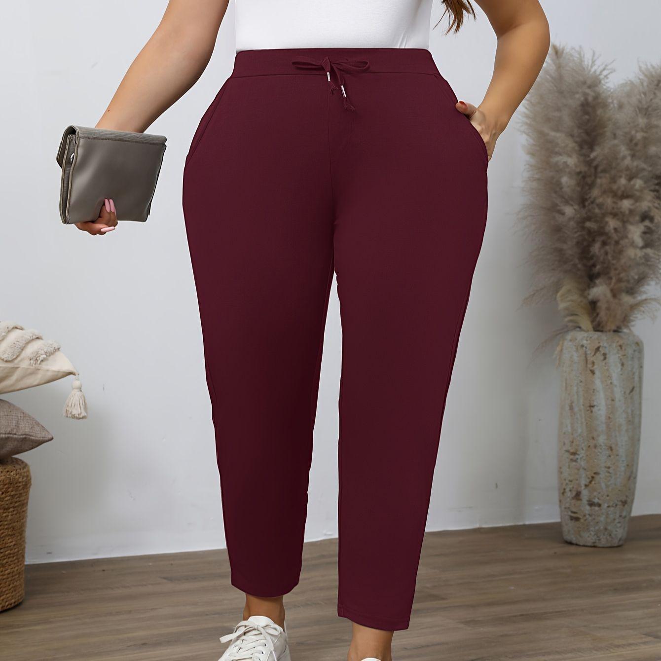 

Plus Size Women s Casual Lace-Up Slim Fit Pants with Pockets 5XL вино красного