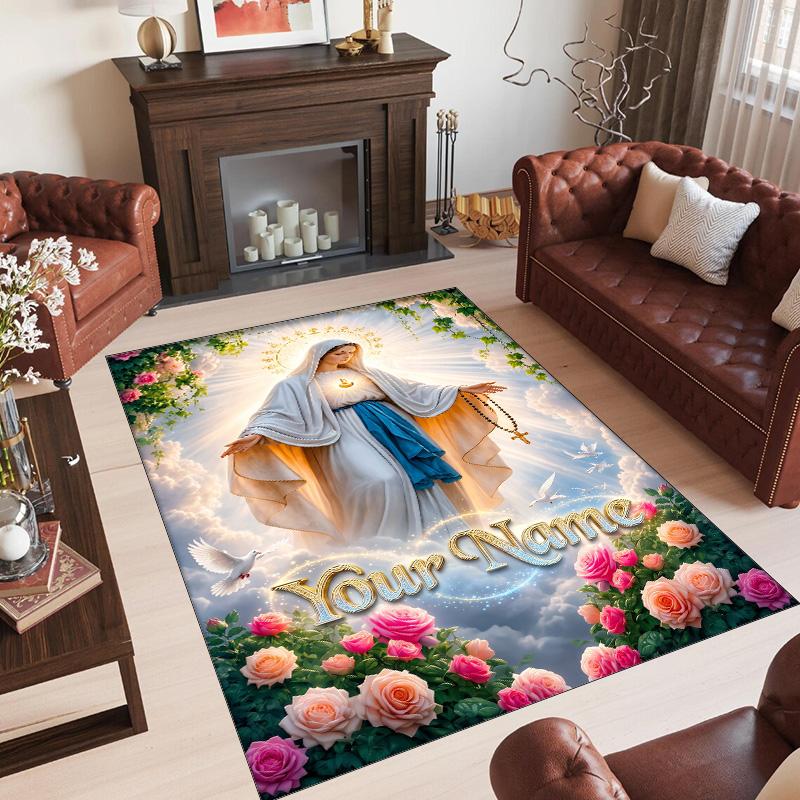 Virgin Mary Theme Crystal Velvet Rug Personalized Custom Name Text Soft Floor Mat Home Decor