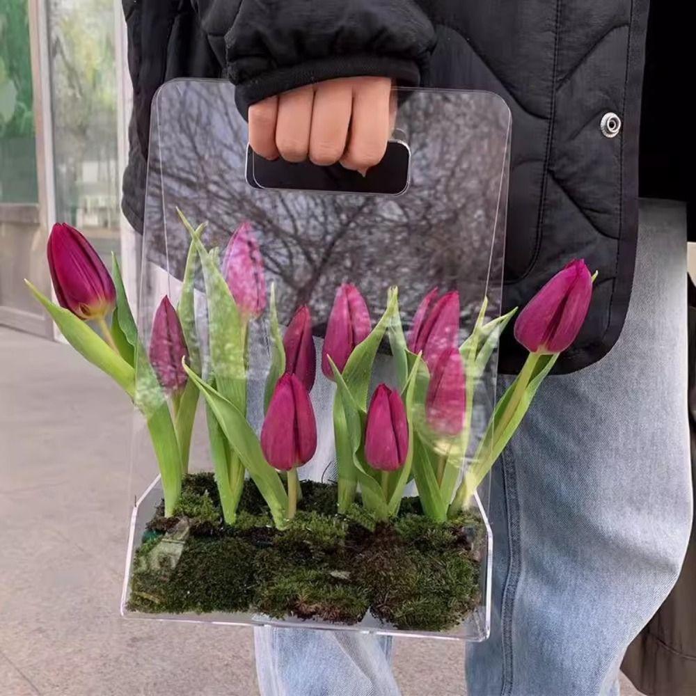 Transparent Acrylic Flower Box Reusable Packing Material Bouquet Wrapping Bag Portable Hand Bag Flower Bag Wedding Party