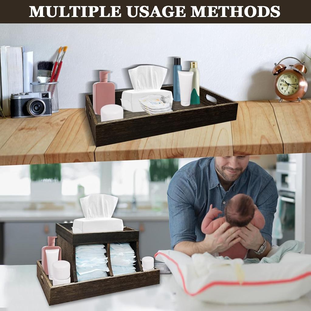 Diaper Caddy Organizer, Durable Wooden Changing Station Table Diaper Organizer, Baby Nursery Organization Diaper Storage for Wipe Dispenser, Wipe