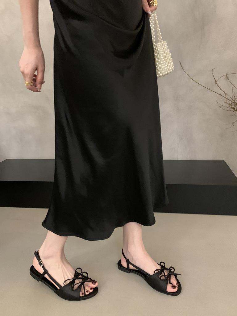 French satin bow open-toed flat sandals 2025 summer new round head outer wear flat heel cool slippers