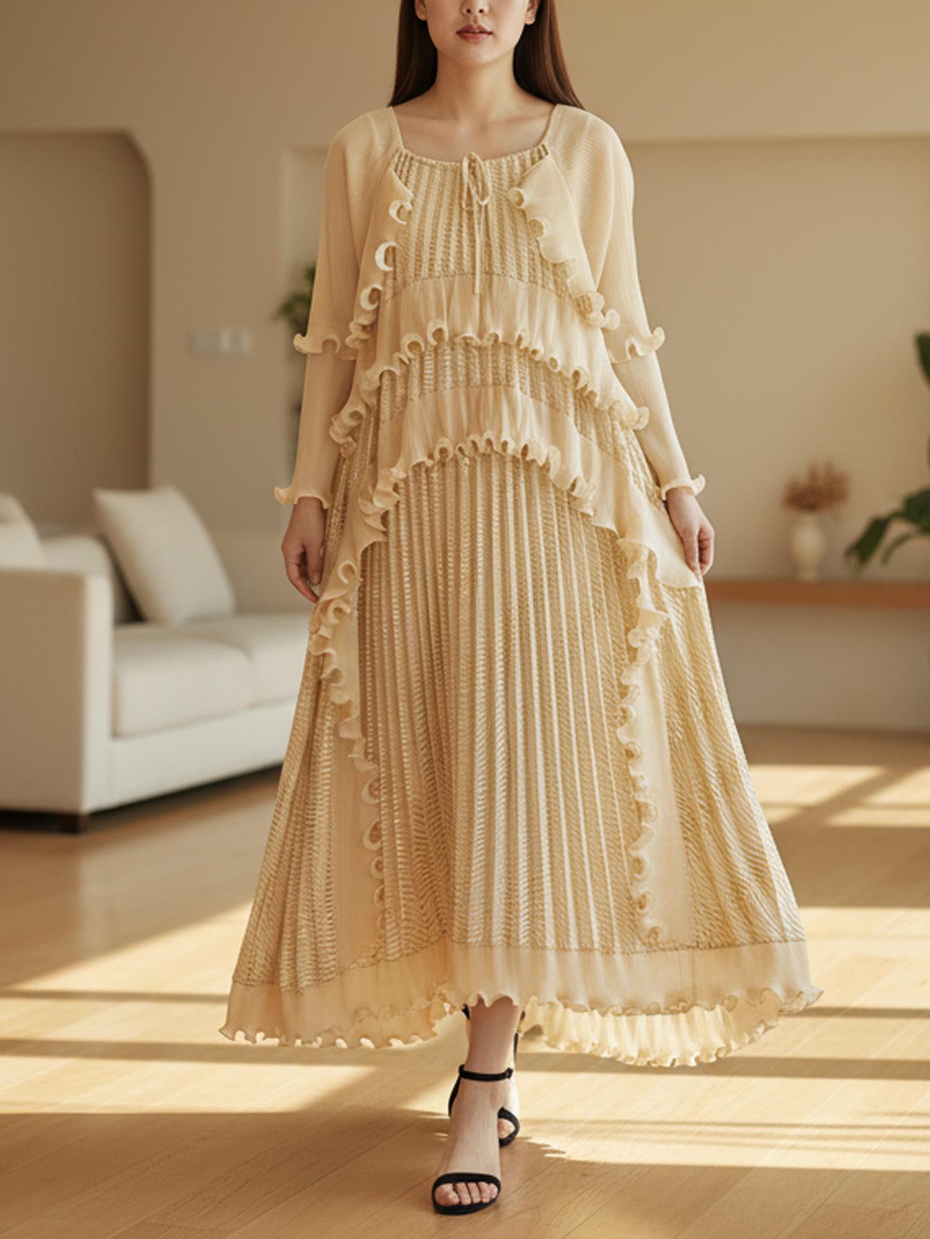 European & American Hot Stamping Ruffle Slimming Evening Dress - Women s Round Neck Long Pleated Gown Apricot