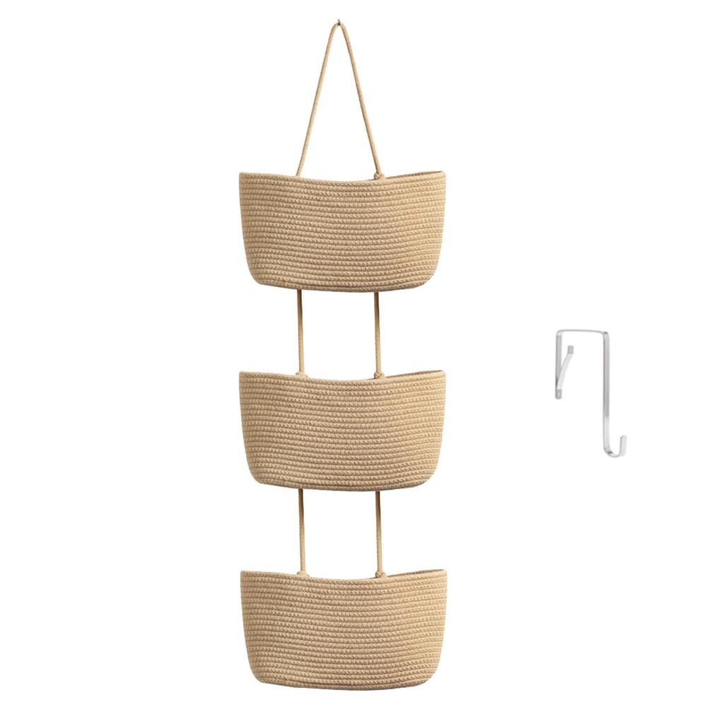 3-Layer Wall Hanging Storage Basket Multipurpose No-Punch Door Storage Pouch Handwoven Hanging Storage Pouches