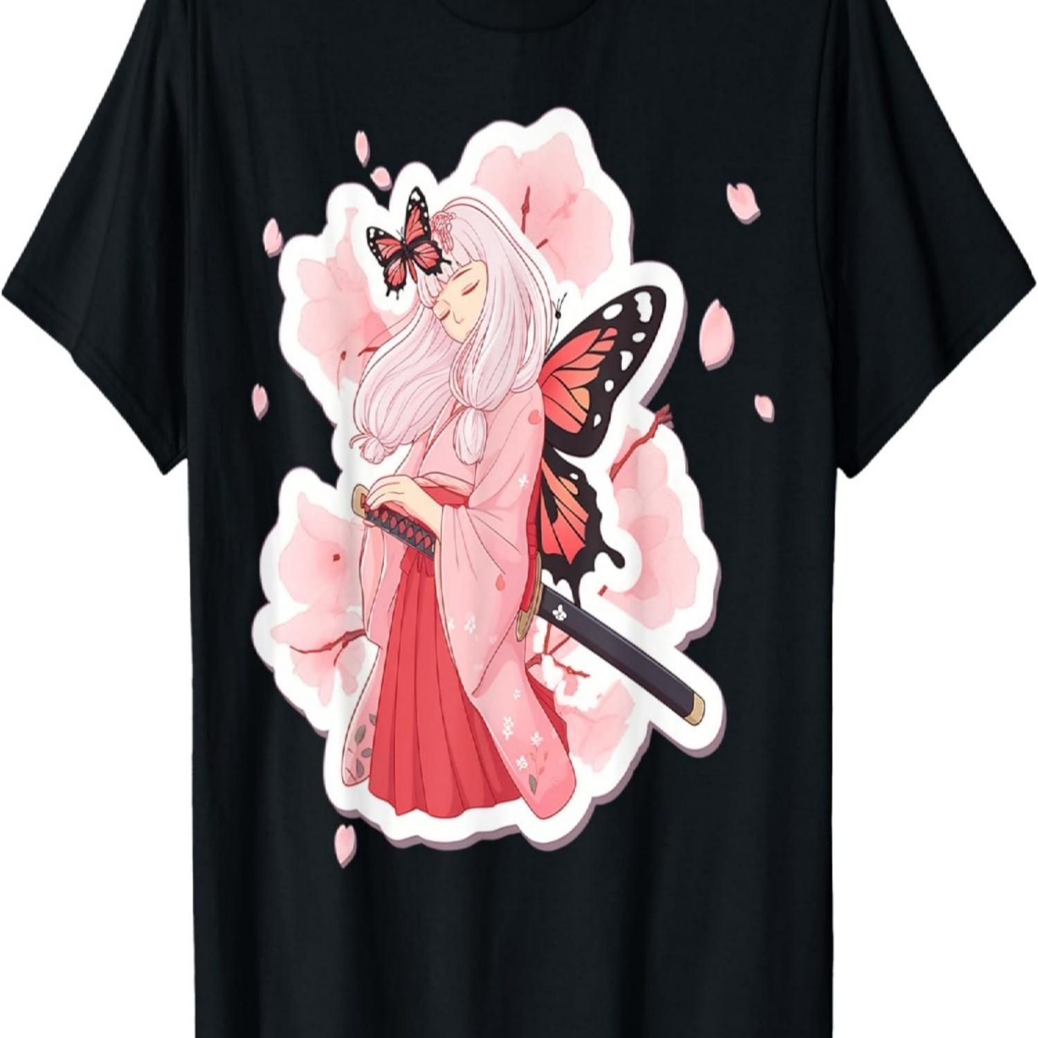 Japan Anime Samurai Girl Butterfly Sakura Cherry Blossom T-Shirt S чёрный