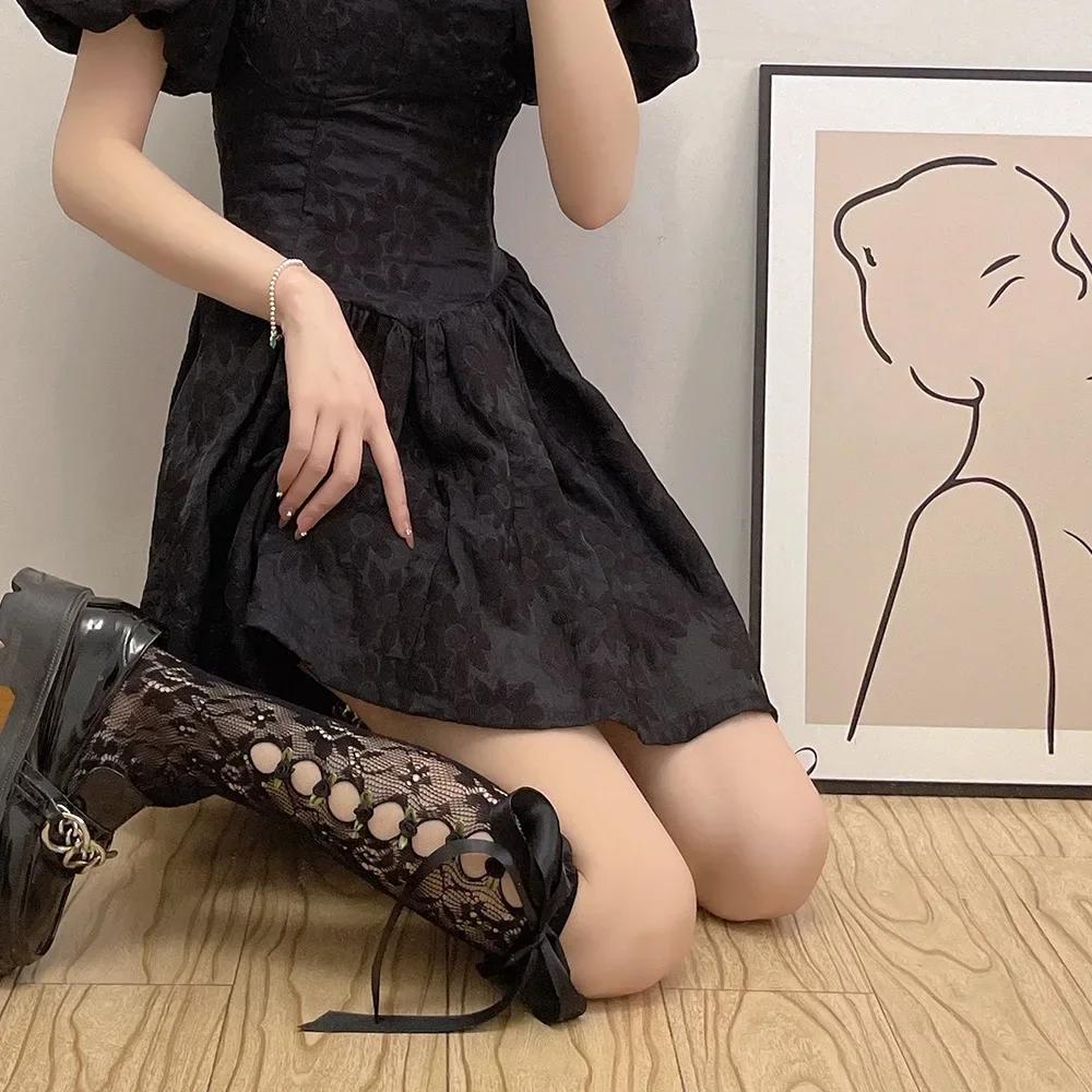 Women Sexy Lace Mesh White Black Fishnet Knee High Long Socks Lingerie Cute Gothic Style Ruffles Hollow Bow JK Lolita Stockings
