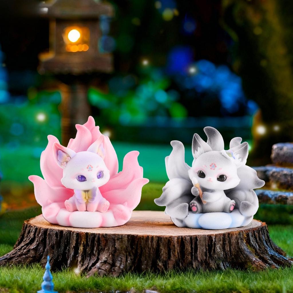 Oriental Poetic Painting Flocked Nine Tailed Fox Blind Box Collectible Anime Figure Creative Desktop Ornament Holiday Girl Gift