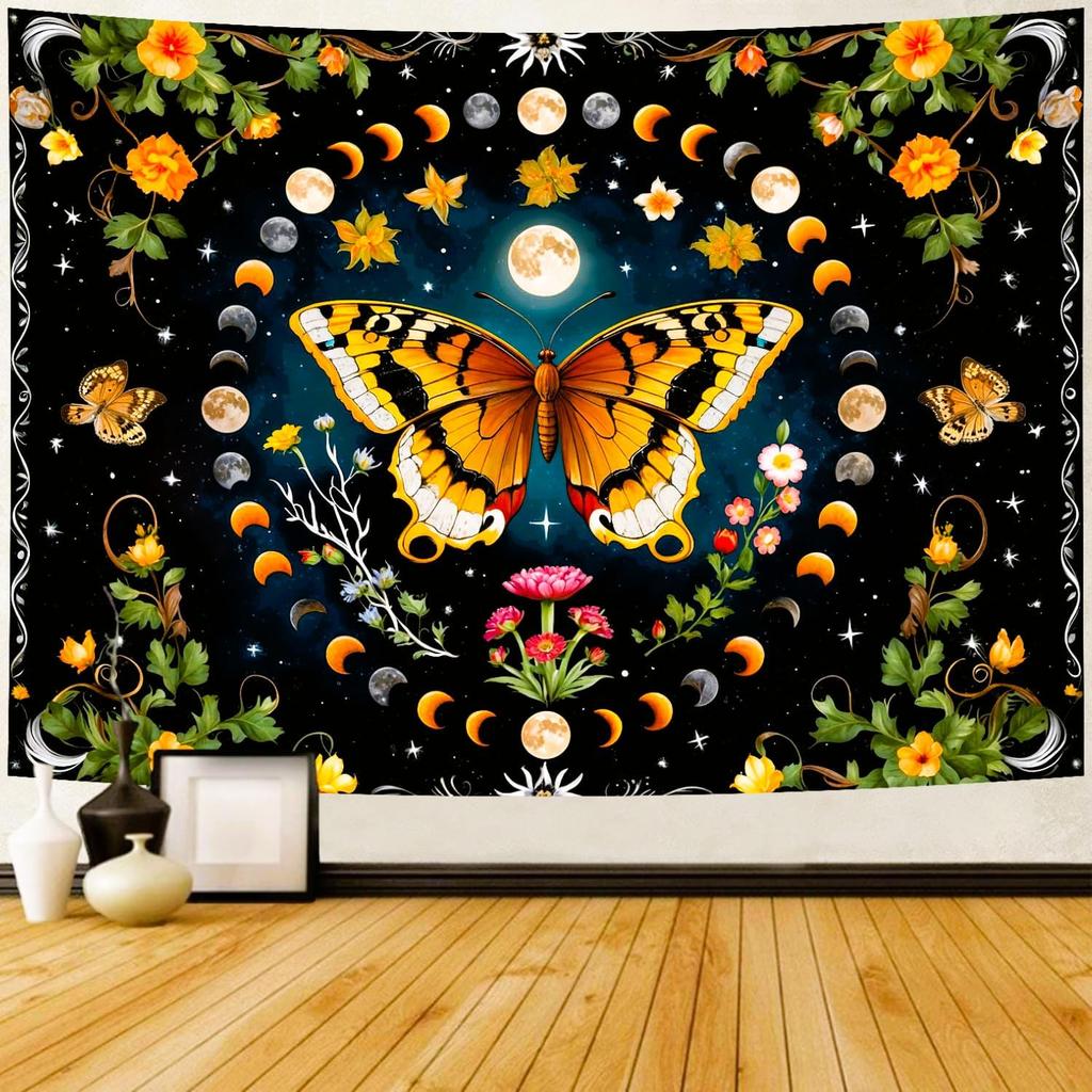 Butterfly Moon Flower Tapestry Botanical Floral Plant Boho Tapestry Wall Hanging Mandala Aesthetic Mushroom Retro Vintage
