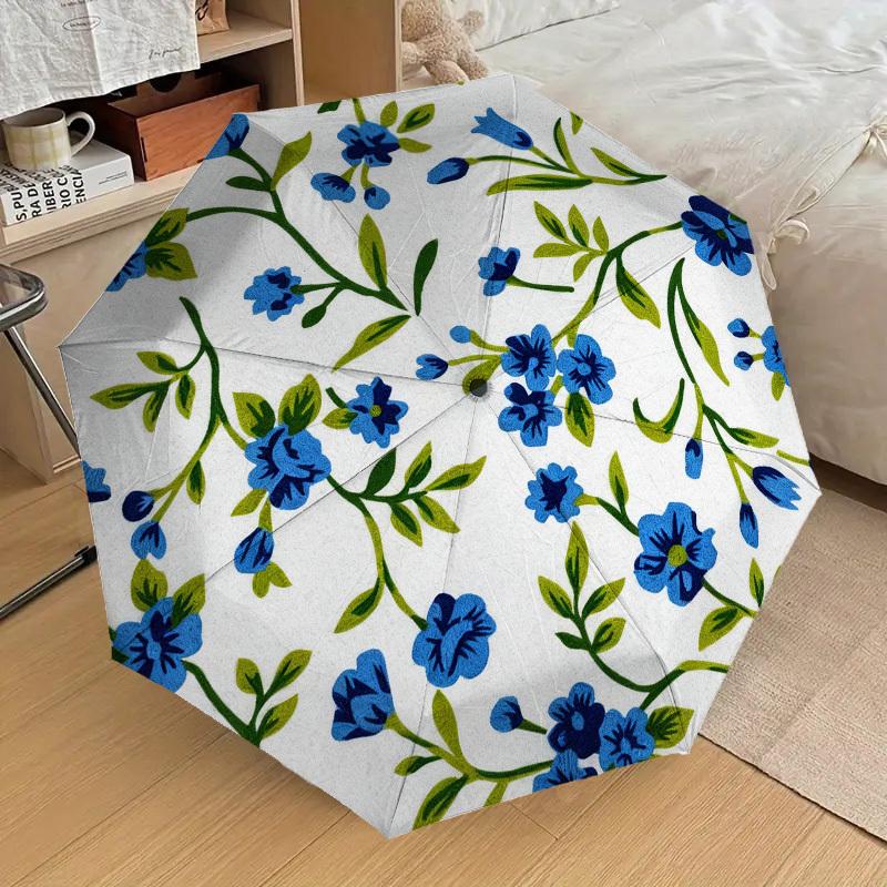 

1pc Floral Pattern Blue Flowers Automatic Folding Umbrella, Heavy Duty 8 Rib Iron Frame, Suitable for Travel, Daily Use, Birthday, Decor Gift 81