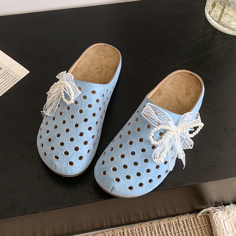 Fashion Baotou Slippers Summer New Round Head Deep Mouth Set Foot Suede Lace Beaded Soft Sole Anti-slip Wear-resistant Flat Shoes